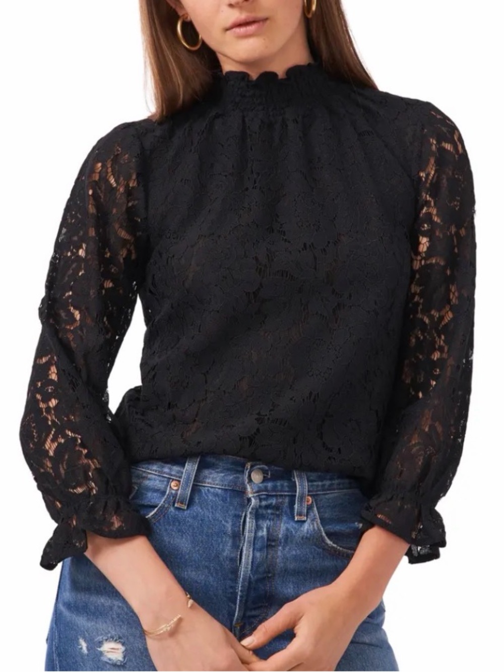 1. State Black Lace Mock Neck Blouse